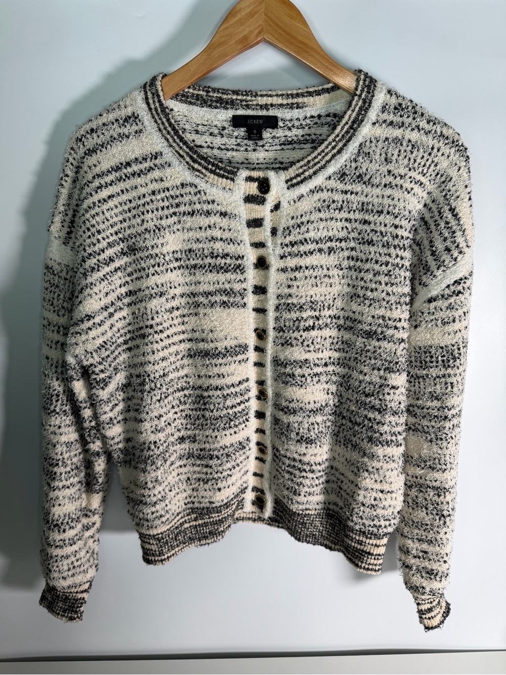 J.Crew Space-Dyed Textured Cardigan Sweater Black Ivory Small